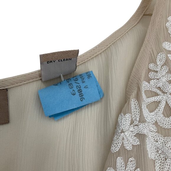 Sheer Beige silk Long Sleeve Embroidered Blouse Tie Waist  flowy boho feminine m - Picture 7 of 9